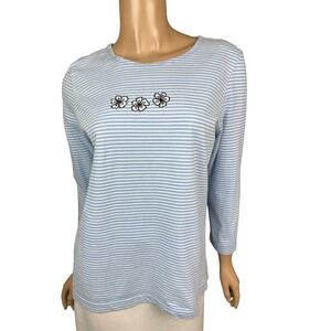 Liz Claiborne 100% Cotton Top Blue & White Stripe 3/4 Sleeve Applique of Flowers
